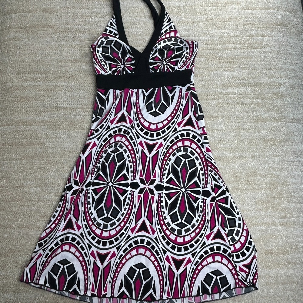 Enfocus Studio Magenta Black Geometric Medallion Halter A-Line Dress Size 6